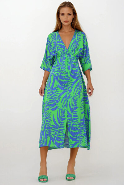 VAGGON Γυναικείο φόρεμα με διπλό γιακά πράσινο-σαξ με υφαντό βισκόζη με σχέδιο Vs00214