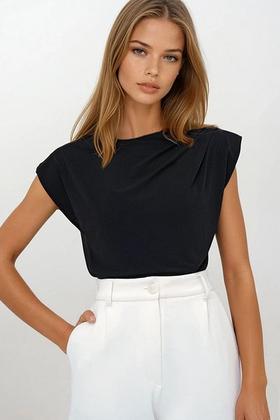 VAGGON Women's Black Crew Neck Padded Sleeveless Sandy Blouse Prmx13491
