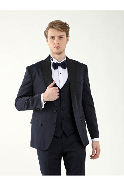 Dufy Men's Slim Fit Pointed Collar Long Sleeve Navy Blue Tuxedo