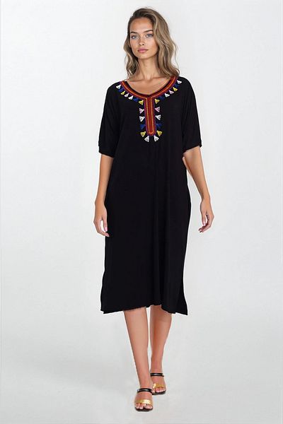 VAGGON Women's Black Ethnic Embroidery Slit Detail Plus Size Dress Vs00290
