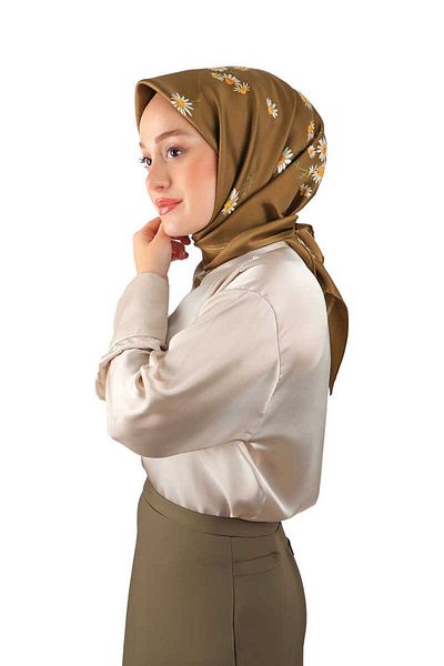 Bursa İpek Daisy Patterned Twill Silk Scarf - Mustard