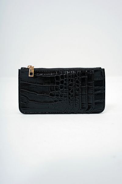 VAGGON Women's Black Synthetic Leather Zippered Currency Compartment Croco Pattern Thin Card Holder Prmx14078
