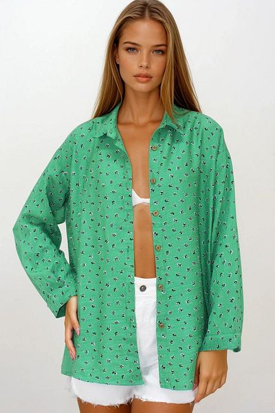 VAGGON Women's Green Patterned Oversize Linen Shirt Vs00218