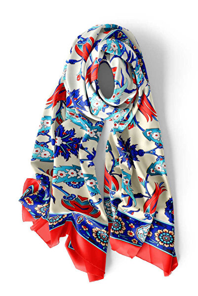 Bursa İpek Red Saxe Ephesus Pattern Silk Scarf
