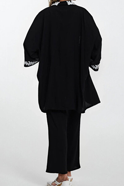 VAGGON Women's Black Embroidered Kimono and Kimono Pants with Elastic Waist Plus Size Bottom Top Set Vs00329