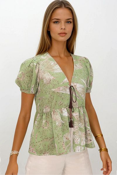 VAGGON Women's Green V-Neck Watermelon Sleeve Patterned Skirt Flounced Woven Blouse Vs00193