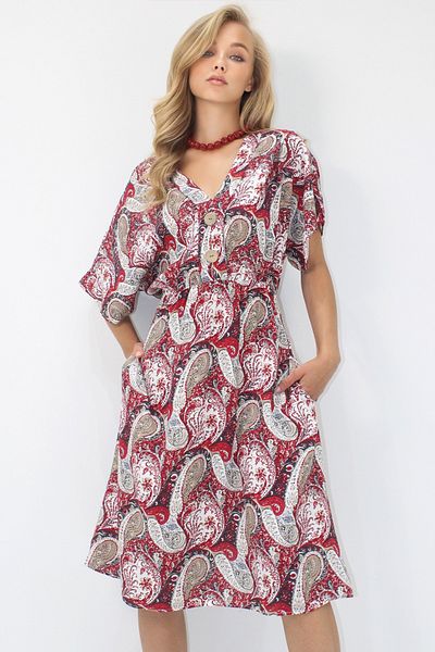 VAGGON Women's Red Front Back V-Neck Coconut Button Double Pocket Patterned Woven Viscosse Dress Prmx14205