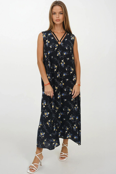 VAGGON Women's Yellow Accessory Detailed Patterned Maxi Size Double Pocket Dress Dress Vs00267