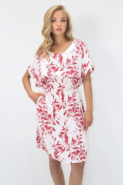 VAGGON Γυναικείο κόκκινο φόρεμα με λαιμόκοψη V με διπλή τσέπη με μοτίβο μέσης με υφαντό βισκόζη Prmx14201