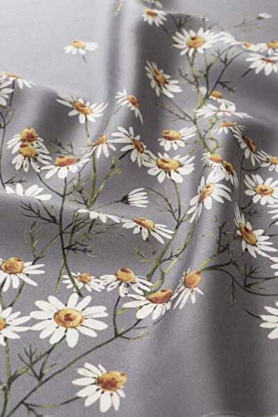 Bursa İpek Daisy Patterned Gray Twill Silk Scarf