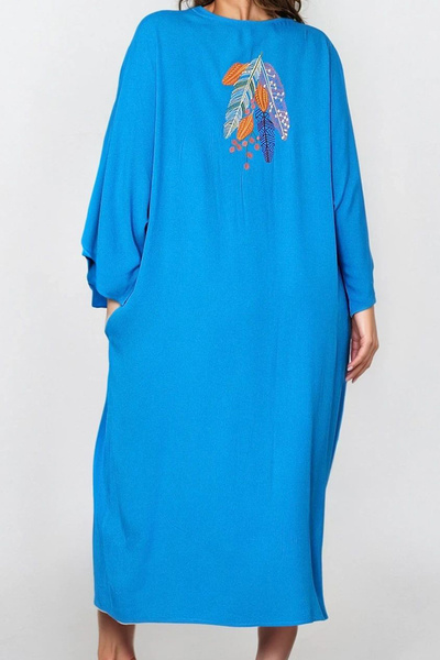 VAGGON Γυναικείο φόρεμα με μπλε κουμπιά διπλή τσέπη κεντημένο σε μεγάλο μέγεθος Vs00313