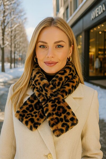 Axesoire 11246 Коричневий плюшевий шарф з хутряним леопардовим візерунком