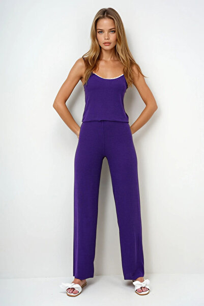 VAGGON Women's Purple Rope Hanging Lace Detail Bluz, Shorts and Pants 3-Piece Set Pajama Set Pjmx13917