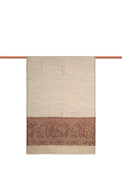 Bursa İpek Tan Wool Shawl - Border Pattern