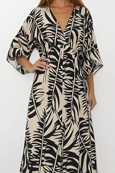 VAGGON Γυναικείο ΜΑΥΡΟ-ΜΠΕΖ Διπλό Γιακά Πλεκτό Φόρεμα με σχέδιο με σχισμή βισκόζης VS00214