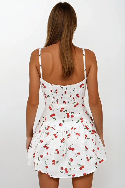 VAGGON Women's Ecru Cherry Patterned Zipper Closure Lined Midi Length Dress Vs00234