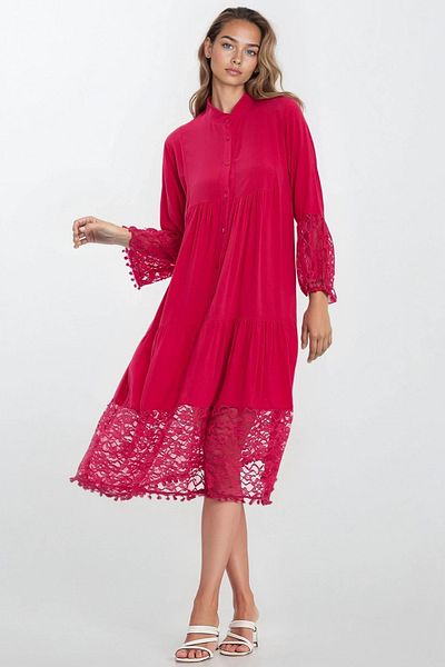 VAGGON Women's Fuchia Judge Collar Front Button Lace Viscose Dress Vs00337