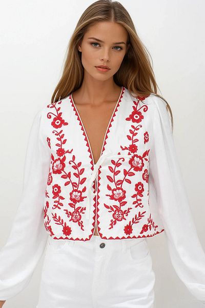 VAGGON Women's Red Embroidered Tie-Up Ceten Crop Jacket Vs00235