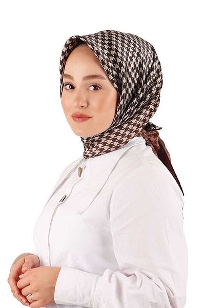 Bursa İpek Brown Houndstooth Pattern Sura Silk Scarf