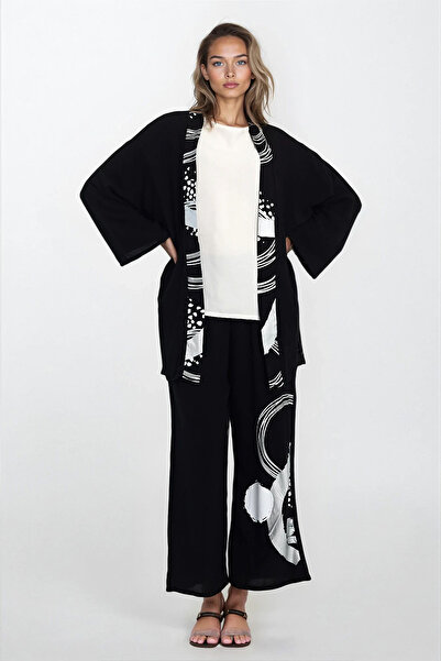 VAGGON Women's Black-White Patterned Kimono Blouse and Pants Plus Size Bottom Top Set Vs00302
