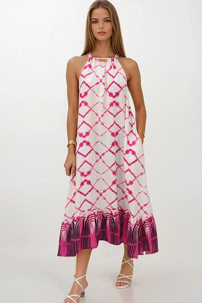 VAGGON Women's Fuchia Patterned Tie-Up Skirt Mesh Maxi Length Double Pocket Dress Dress Vs00266