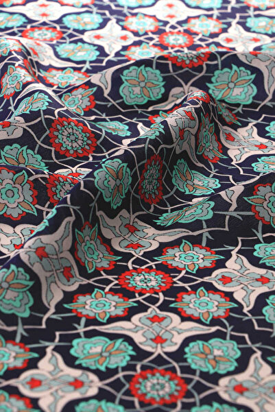 Bursa İpek Navy Blue and Red Tile Spiral Silk Handkerchief Patterned