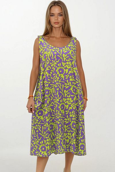 VAGGON Women's Purple Elastic Shoulders Sleeveless Relaxed Cutout Pattern Dress Vs00270