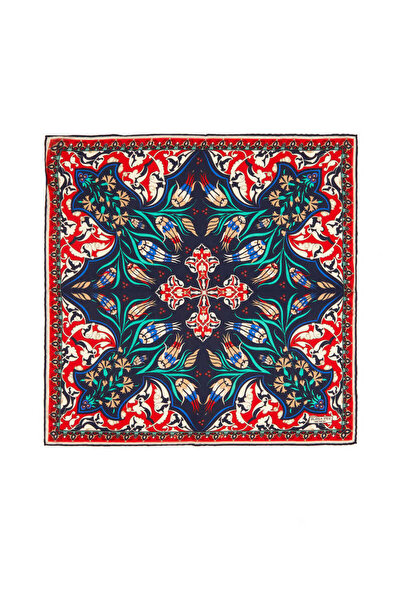 Bursa İpek Lacivert Kırmızı Karanfil Lale Desen İpek Mendil