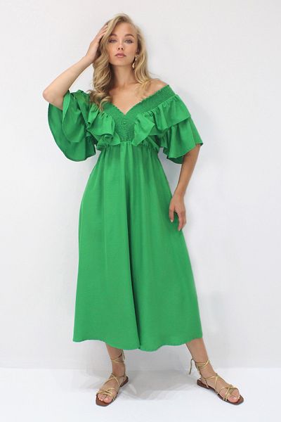 VAGGON Women's Green Collar Gipeli and Flounced Waist Midiboy Woven Dress Vgn-X8559