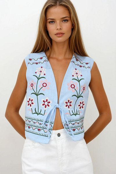 VAGGON Women's Baby Blue Embroidered Lace Detailed Design Raw Linen Vest Vs00241