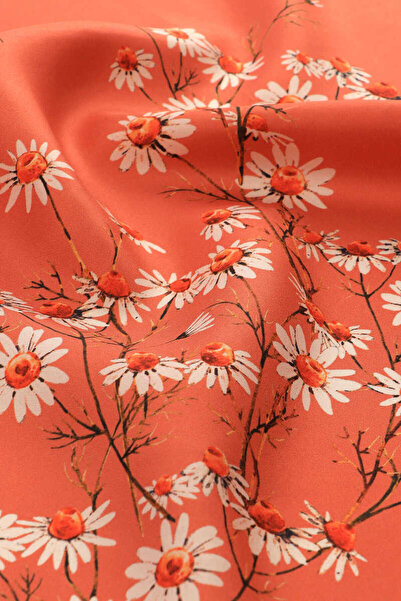 Bursa İpek Daisy Patterned Coral Silk Twill Scarf