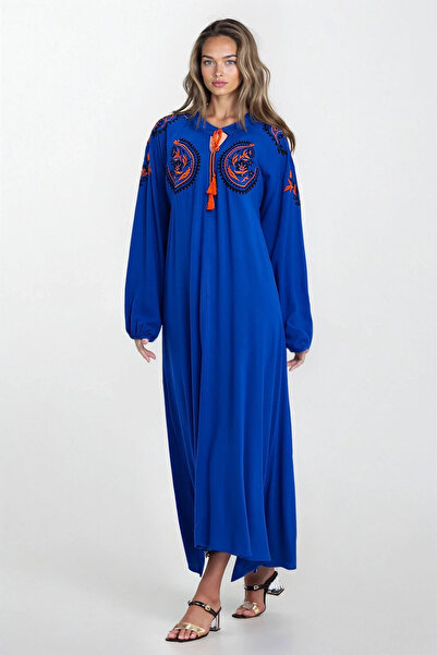 VAGGON Γυναικείο φόρεμα με κορδόνια με λεπτομέρεια κεντημένο μεγάλου μεγέθους βισκόζης Vs00322