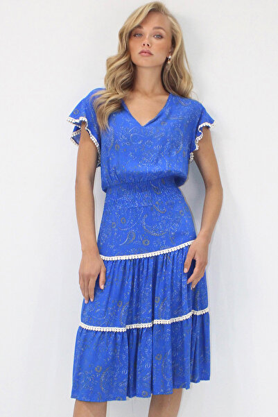 VAGGON Women's Cobalt V-Neck Ethnic Patterned Pleated Detailed Woven Dress with Gipeli Waist Prmx14094