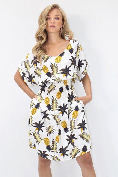 VAGGON Γυναικείο φόρεμα εκρού με λαιμόκοψη V με διπλή τσέπη με μοτίβο μέσης με υφαντό βισκόζη Prmx14201