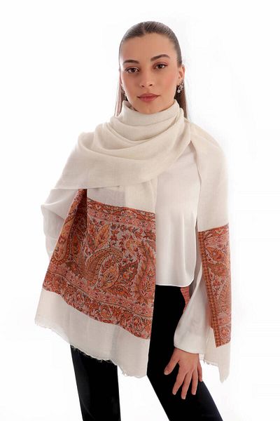 Bursa İpek Ecru Border Patterned Wool Shawl