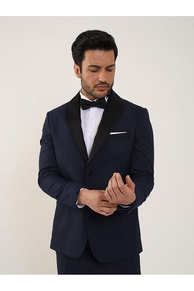 Dufy Men's Navy Blue Slim Fit Tuxedo - Plain Pointed Collar Suit 84192