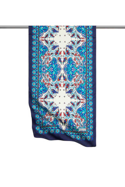 Bursa İpek Saks Lacivert Çini Lale Desen Dar İpeksi Fular