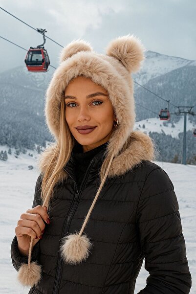 Axesoire 14580 Ponponlu Bej Peluş Bere