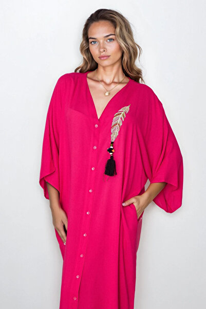 VAGGON Rochie de damă fucsia cu nasturi, buzunar dublu, broderie, mărime mare Vs00313