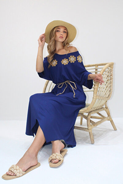 VAGGON Women's Navy Blue Asymmetrical Cut V-Neck Embroidered Double Pocket Belted Viscose Dress Prmx14198