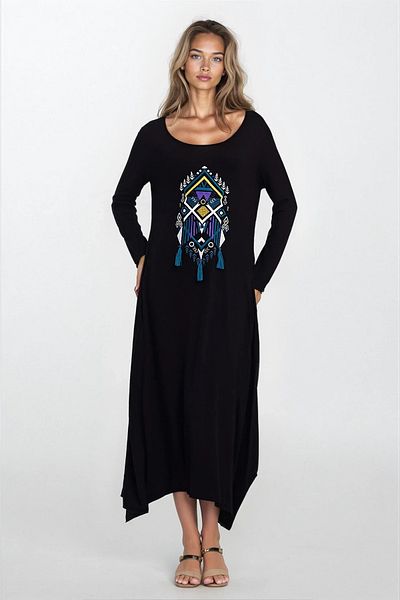 VAGGON Women's Black Asymmetrical Cutout Embroidery Wide Collar Plus Size Dress Vs00346