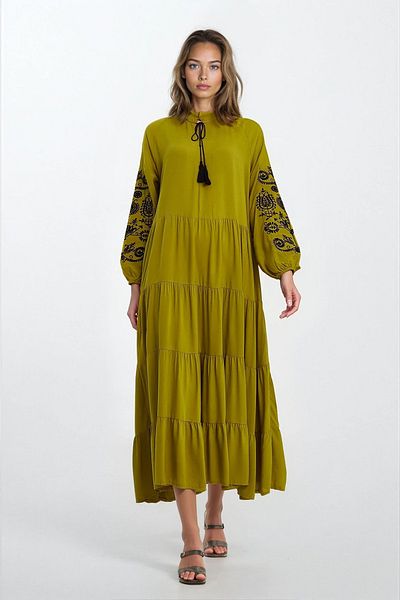 VAGGON Rochie de damă KHAKI broderie brodată guler judecător cu mâneci cu șireturi elastică mărime mare VS00335