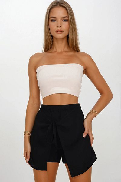 VAGGON Women's Black Elastic Waist Tie Detail Covered Muslin Shorts Skirt Vs00209