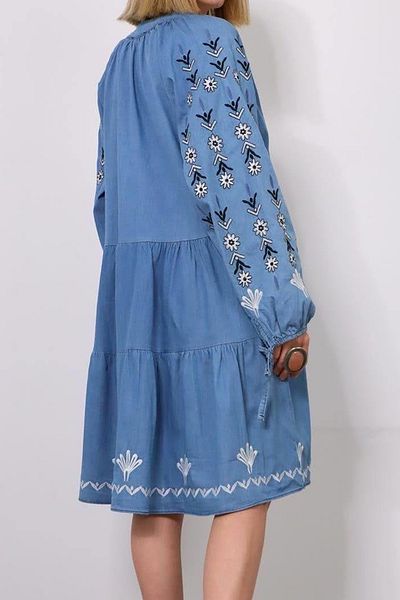 VAGGON Rochie de damă ALBASTRU cu guler judecător brodat din jean VGN-X9213