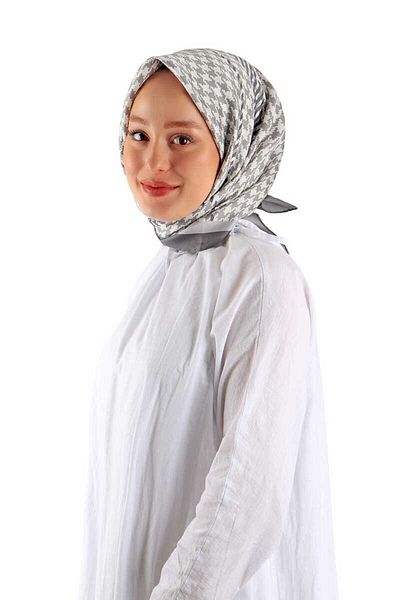 Bursa İpek Twill Silk Scarf - Gray Line Pattern Houndstooth