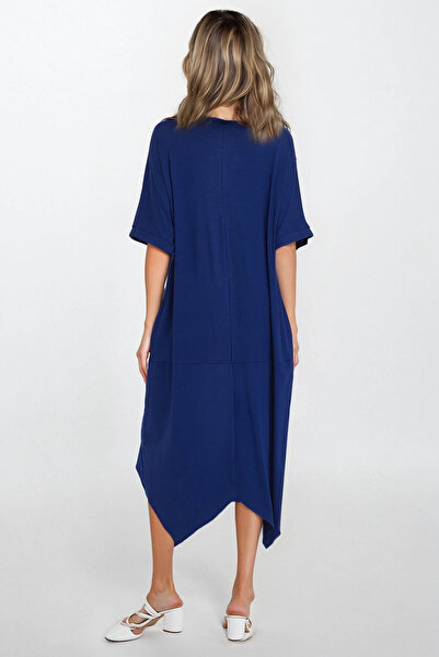 VAGGON Women's Indigo Floral Embroidery Asymmetrical Cut Double Pocket Plus Size Dress Vs00296