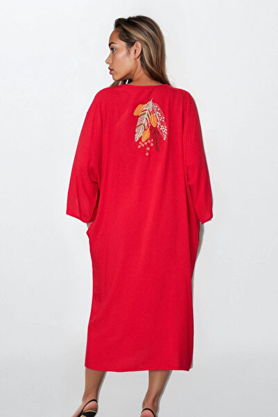 VAGGON Γυναικείο φόρεμα με κόκκινο κουμπί διπλή τσέπη κεντημένο μεγάλο μέγεθος Vs00313
