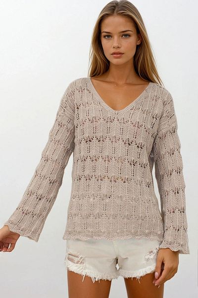 VAGGON Bluză ajurata cu decolteu în V BEIGE ÎNCHIS pentru femei VS00251