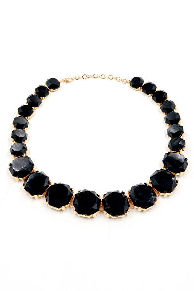 VAGGON Women's Black Gold Framed Geometric Stone Design Necklace Prmx13818