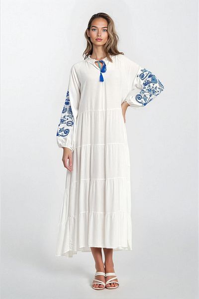 VAGGON Rochie de damă, ALBĂ, broderie, guler judecător, cu mâneci cu șireturi, elastică, mărime mare VS00335